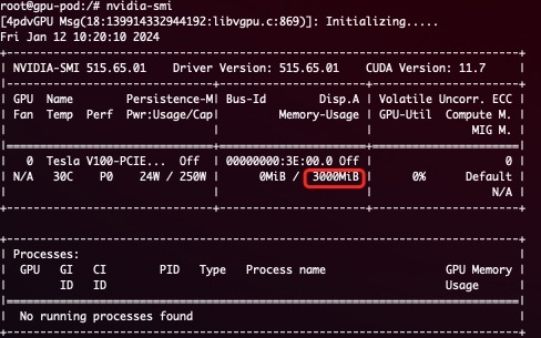 GPU memory hard limit demonstration showing 3G device memory inside container